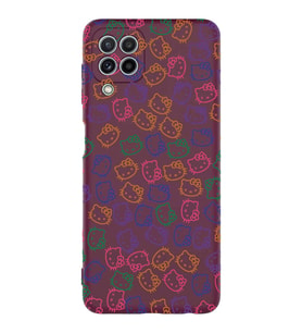 Samsung Galaxy A22 Uyumlu Lansman Kılıf Hello Kitty Tasarımlı İçi Kadife Kapak-Mürdüm (Şeffaf)