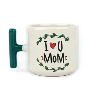 I Love You Mom Baskılı Yeşil Kulplu T Kupa