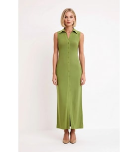 Kadın Gömlek Yaka Kolsuz Maxi Elbise Düğmeli Bodycon Kesim Esnek Örme Kumaş L Beden Günlük Rahat