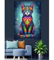 Renkli Psychedelic Kedi Çizimi Dekoratif Kanvas - Mdf Ahşap Tablo