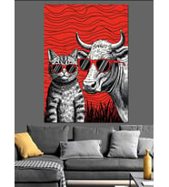 Kızgın Boğa Ve Kedi Kırmızı Sanat Dekoratif Kanvas - Mdf Ahşap Tablo