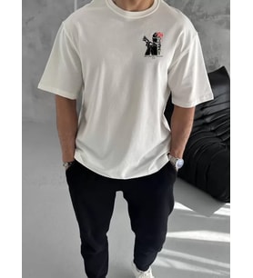 Unisex Bisiklet Yaka Baskılı Oversize T-Shirt - Beyaz