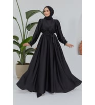 Liza Kuşaklı Saten Elbise - Siyah