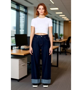 Kadın Geniş Paça Koyu Denim Pantolon Normal Bel Fonksiyonel Dayanıklı Kaliteli Konforlu Şık