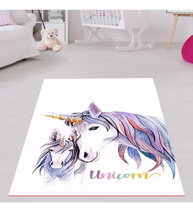 Unicorn At Desenli Halı Dijital Baskı Yıkanabilir Kaymaz Taban Beyaz Çocuk Odası Halısı