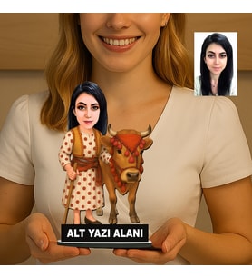 Kişiye Özel Karadenizli Yöresel Giyimli Kadın Hayvancı Karikatürlü 18 cm MDF Masaüstü Biblo - Masaüstü Hediye