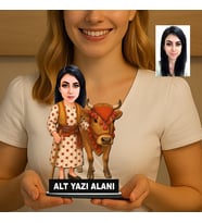 Kişiye Özel Karadenizli Yöresel Giyimli Kadın Hayvancı Karikatürlü 18 cm MDF Masaüstü Biblo - Masaüstü Hediye