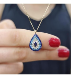 Damla Nazar Gold Kaplama 925 Ayar Zirkon Taşlı Gümüş Kolye (Karışık)