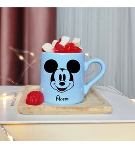 Mickey Mouse Tasarımlı Kişiye Özel Mavi Türk Kahvesi Fincanı
