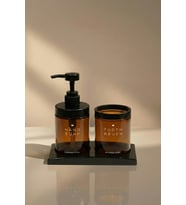 Amber Cam Sabunluk ve Diş Fırçalık Seti  Banyo Organizer Standlı 2’li Set  2’li Cam Banyo Seti