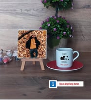 Sevimli Panda Fotoğraflı Dekoratif Taş, Ahşap Altlıklı Türk Kahvesi Fincanı Hediye (Model 3)
