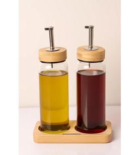 Bambu Kapaklı Cam Yağlık & Sirkelik Seti – 2'li Standlı 300ml