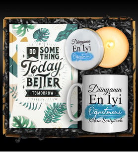 Öğretmenler Gününe Özel Yazı Tasarım Özel Kupa & Özel Tasarımlı Defter & Özel Tasarım Mum Hediye Seti
