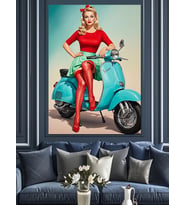 Motosikletli Pinup Kadın Poster Dekoratif Kanvas - Mdf Ahşap Tablo