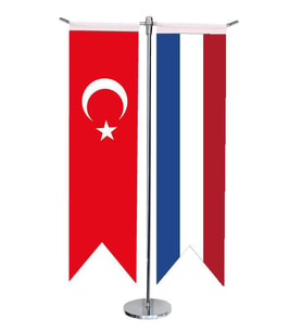 Masa Üstü Kırlangıç Fransa + Türk Bayrağı + Krom T Direk Masa Bayrak Seti