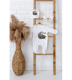 Pia Baby Premium %100 Pamuk İsimli Unisex Bebek Tulumu Şapka ve Eldiven Yenidoğan Hediye Seti 5002-09 (Ekru)