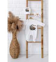 Pia Baby Premium %100 Pamuk İsimli Unisex Bebek Tulumu Şapka ve Eldiven Yenidoğan Hediye Seti 5002-09 (Ekru)