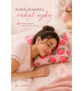 Kulak Boşluklu Çilek Desenli Piercing Yastığı Yıkanabilir Kılıflı