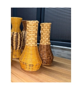 Rattan Çok Amaçlı Dekoratif Hasır Vazo-Modern Şık Tasarım Vazo Koyu Kahve Ortası Açık Kahve Tonları 25 Cm