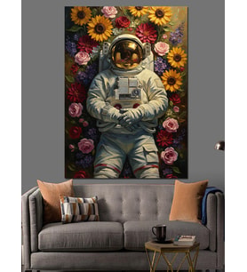 Çiçek Bahçesinde Uzaylı Astronot Dekoratif Kanvas - Mdf Ahşap Tablo
