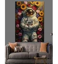 Çiçek Bahçesinde Uzaylı Astronot Dekoratif Kanvas - Mdf Ahşap Tablo