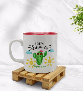 BK Gift Kişiye Özel Kaktüs Tasarımlı İçi Kırmızı Renkli Kupa Bardak Model 8