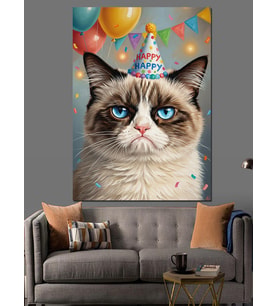 Doğum Günü Şapkalı Grumpy Cat Dekoratif Kanvas - Mdf Ahşap Tablo