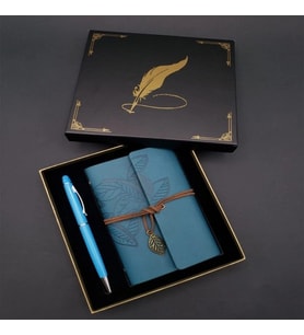 Dodes Metal Kalem ve Mavi Deri Defter