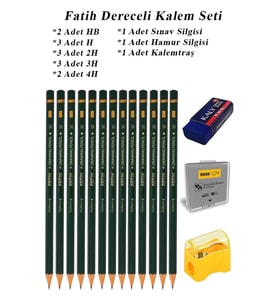 Resim Kalemi Fatih Dereceli Kalem Seti Karakalem Seti HB H 2H 3H 4H 16'lı Set Sınav Silgisi ve Hamur Silgi Kalemtraş (Siyah)
