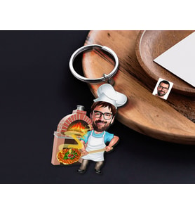 BK Gift Kişiye Özel Pizza Chef Karikatürlü Ahşap Anahtarlık-1 Sevgiliye Hediye, Arkadaşa Hediye, Doğum Günü Hediyesi