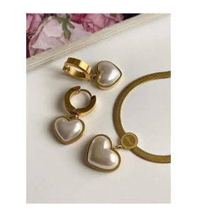 Çelik Venedik Kalp Kolye Küpe GOLD Set (Altın)