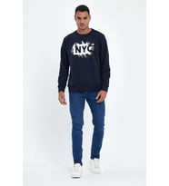 Erkek Bisiklet Yaka Rahat Kalıp 3 iplik Kalın NYC Baskılı SweatShırt spr24sw24 (Lacivert)