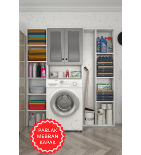 Kenzlife membran çamaşır makinesi dolabı veronikamega gribyz panjur 180*156*20 mebran kapak suntalam gövde arkalıksız raflı (Beyaz-Gri)