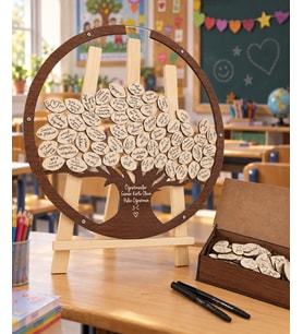 Öğretmenler Gününe Özel Yuvarlak Ceviz Hayat Ağacı Hatıra Anı Kutusu (50 CM) Ahşap Kalem ve Şövale Hediyeli