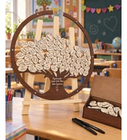 Öğretmenler Gününe Özel Yuvarlak Ceviz Hayat Ağacı Hatıra Anı Kutusu (50 CM) Ahşap Kalem ve Şövale Hediyeli