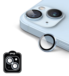 iPhone 15 / 15 Plus için IPG ProLENS Kamera Lens Koruyucu Alüminyum CD Çerçeveli, Kırılmaz Cam (Açık Mavi)