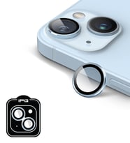 iPhone 15 / 15 Plus için IPG ProLENS Kamera Lens Koruyucu Alüminyum CD Çerçeveli, Kırılmaz Cam (Açık Mavi)