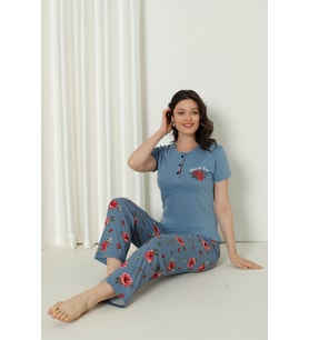 Mirano 4126 Pamuklu Kısa Kollu Çiçekli Kadın Pijama Takımı (Mavi)