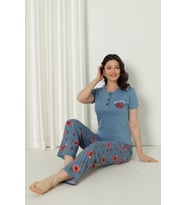 Mirano 4126 Pamuklu Kısa Kollu Çiçekli Kadın Pijama Takımı (Mavi)