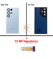 Samsung S22 Ultra Mavi Arka Pil Kapağı Batarya Kapağı Lazer Kesim + B-7000 Yapıştırıcı