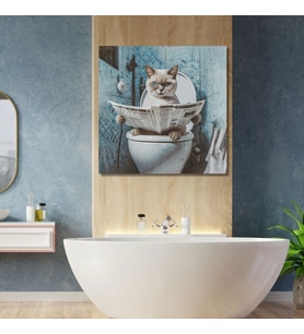 Tekli Kare Kanvas Banyo Tablosu Gazete Okuyan Beyaz British Shorthair