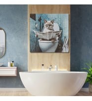 Tekli Kare Kanvas Banyo Tablosu Gazete Okuyan Beyaz British Shorthair