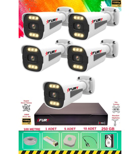 FURY 5 Kameralı 6 Warm Led Gece Renkli Görüş-Cepten İzle-Su Geçirmez Güvenlik Kamerası Seti 250GB