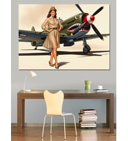 Vintage Pin-Up Kız Uçak Dekoratif Kanvas - Mdf Ahşap Tablo