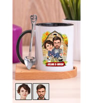 Sevgiliye Özel Hediye Ev Temalı Karikatürlü Ahşap Altlıklı Siyah Kupa Bardak