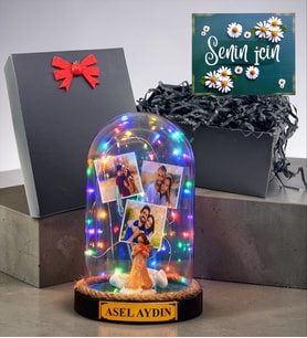 Kişiye Özel Tasarım Renkli Led Lambalı Fanus Siyah Hediye Kutusunda (Model 10)