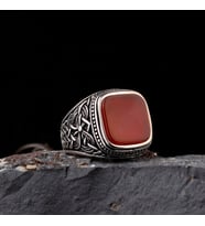 Otantik Desen Motifli Akik Taşlı 925 Ayar Gümüş Erkek Yüzük (Gri)