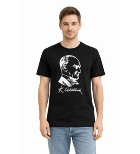 Erkek Atatürk Baskılı Tişört Kısa Kollu Bisiklet Yaka T-Shirt - Siyah