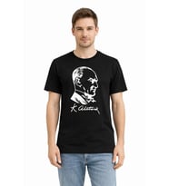 Erkek Atatürk Baskılı Tişört Kısa Kollu Bisiklet Yaka T-Shirt - Siyah