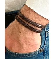 %100 Deri Yılan Sarmalı Dolamalı Erkek Bileklik NET 40 cm (Türk El Üretimi) (Kahverengi)